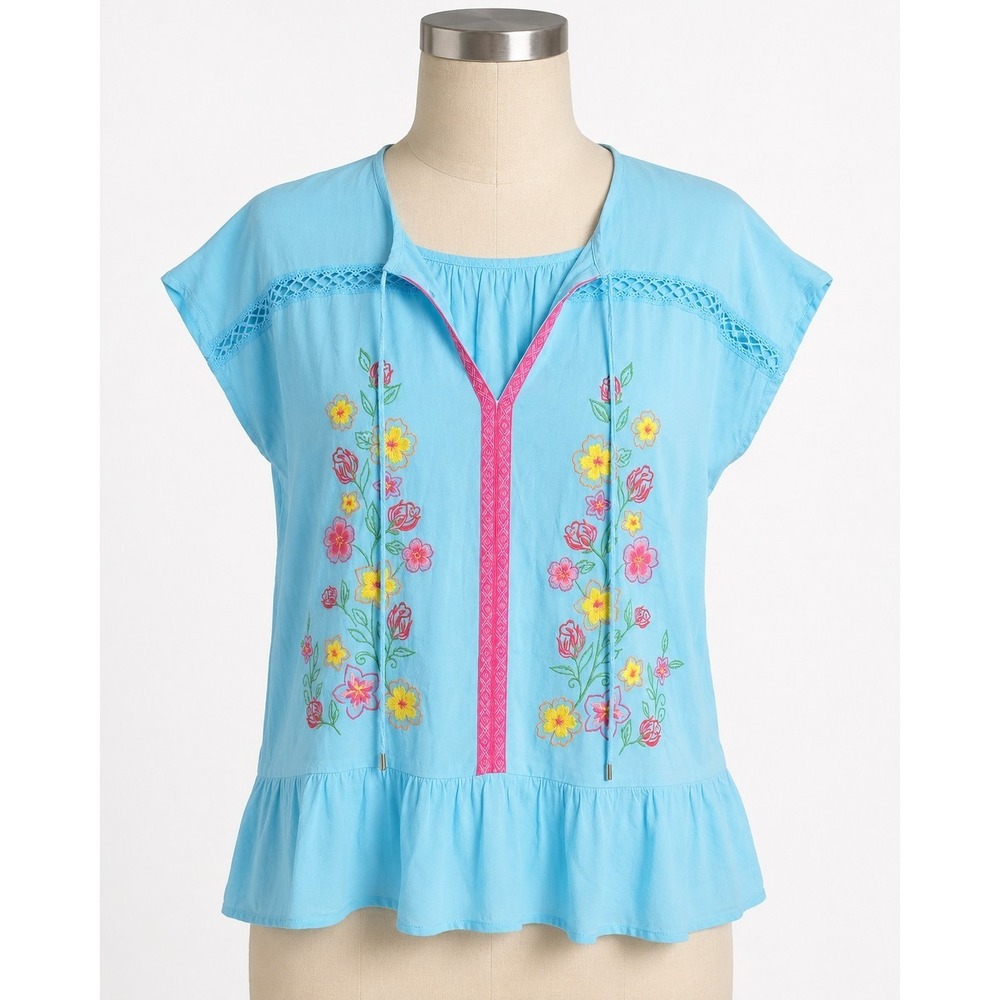 The‎ Pioneer Woman Womens M Blue Embroidered Peasant Top Rayon Boho Ruffle Hem